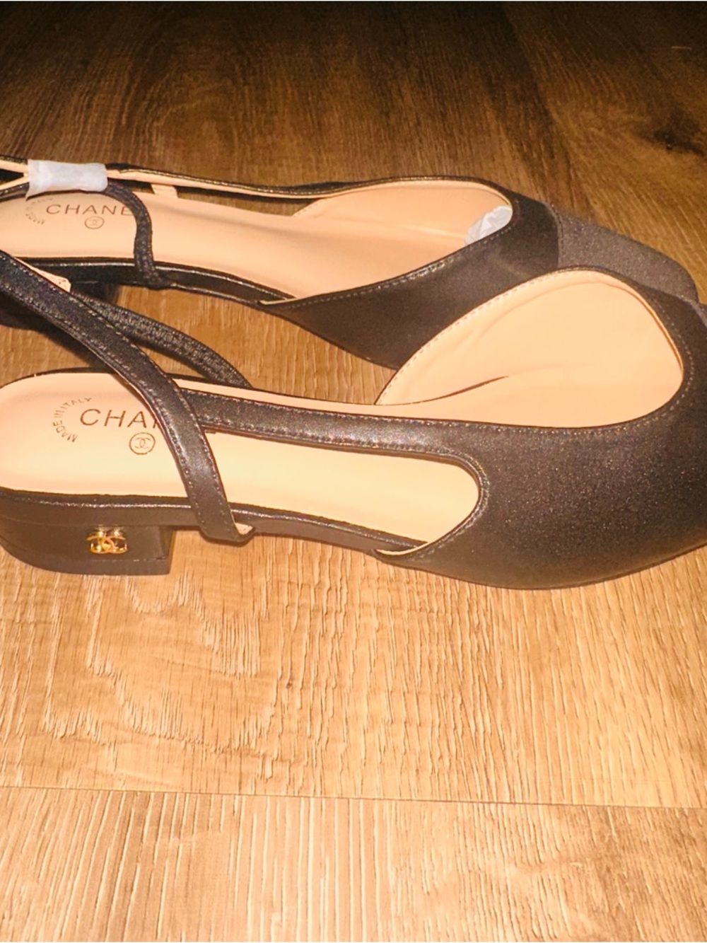 Black Slingback Flats with Gold Logo Accent